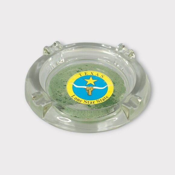 Texas Lone Star State Glass Ashtray Round 4 Slot Longhorn Souvenir Yellow Blue - Picture 10 of 11